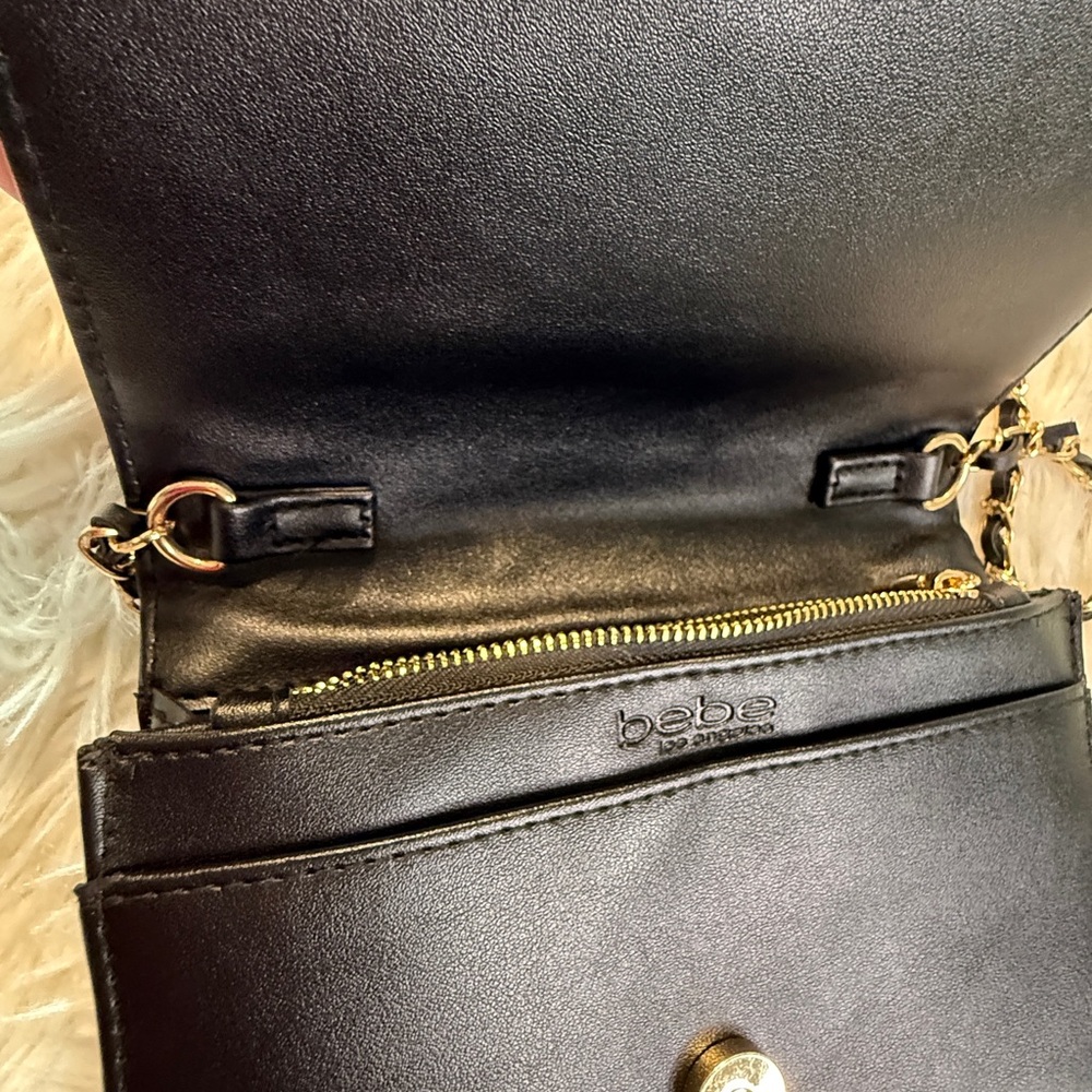Bebe Chevron Black Mini Flap Bag Gold Chain Strap - Picture 7 of 16